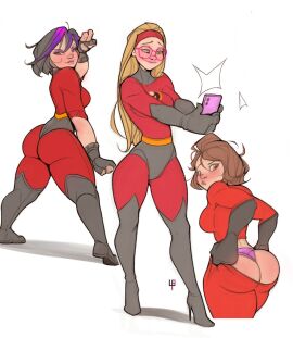 2d 2d_(artwork) 3girls ass ass_too_big aunt_cass big_breasts big_hero_6 black_hair blonde_hair breasts brown_hair cass_hamada cosplay costume disney female female_only glasses gogo_tomago high_heel_boots high_heels honey_lemon inconvenient_ass inconvenient_butt long_hair looking_at_own_ass looking_at_own_butt marvel marvel_comics multicolored_hair multiple_females multiple_girls panties phone pixar purple_hair putting_supersuit_on short_hair smartphone struggling_to_fit superhero_costume supersuit the_incredibles thick_ass thick_thighs thigh_boots thighs tight_supersuit tomphelippe wellington_phelippe wide_hips