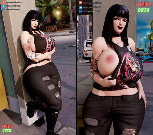 1girls 2koma 3d 3d_(artwork) big_breasts blender breasts charlotte_(fortnite) clothed clothing epic_games fat female fortnite fortnite:_battle_royale goth goth_girl highres huge_breasts large_breasts light-skinned_female light_skin looking_at_viewer makeup misterorzo one_breast_out sideboob spicyorzo thick_thighs voluptuous wide_hips