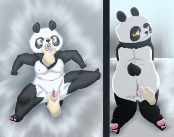 ambiguous_gender anthro anus bear bed breasts duo female furniture gaping gaping_anus gaping_vagina genitals giant_panda hi_res lying lying_on_bed male male/female mammal on_bed open_mouth size_difference small_breasts smaller_female smile spread_anus spread_legs spread_vulva spreading submissive submissive_female the_shag! vulva yellow_eyes