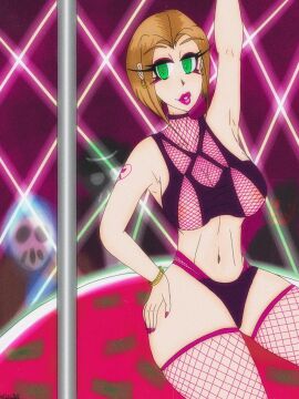 background_characters big_breasts breasts brown_hair curvy female green_eyes lingerie lipstick makeup pole_dancer pole_dancing stripper stripper_pole thick_thighs thighs underboob