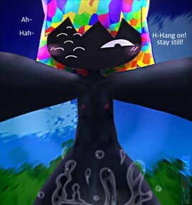 1boy 8_eyes arms_up black_body blowjob blush blushed blushed_face blushing_at_viewer blushing_male blushing_profusely cat_ears cum cum_in_mouth cum_outside dialogue english_text entity looking_at_viewer looking_pleasured male miseraquila_(copyright) naked nec-12 penis rainbow_hair rigba tagme taker_pov taker_pov_male taker_pov_only text watermark wink winking winking_at_viewer