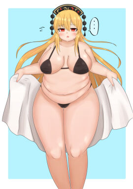 bbw belly_overhang big_belly big_female blush breasts breasts_apart chubby chubby_female embarrassed fat fat_female fat_fetish fat_rolls fatty female giantess junko_(touhou) large_female mini_giantess obese obese_female overweight overweight_female plump solo swimsuit thick_thighs touhou tubby weight_gain