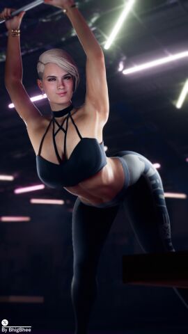 1girls 3d abs alternate_version_available armpits ass belly bhigbhee bioware blonde_hair bracelet bracelets choker cleavage clothing cora_harper curvy earrings electronic_arts female female_only gym hi_res highres leggings legwear looking_at_viewer mass_effect mass_effect_andromeda mature_female short_hair smile stretching sweat watermark yoga_pants