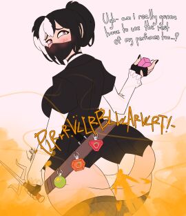 1girls black_and_white_hair embarrassed fart fart_cloud fart_fetish farting female juanesafm_(artist) ninja onomatopoeia perfume pink_eyes tagme white_panties yellow_gas