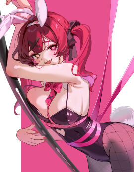 1girls 2024 bunnysuit cosplay crossover cute_fang digital_media_(artwork) facial_markings female fishnets heart-shaped_pupils heterochromia hololive hololive_fantasy hololive_japan houshou_marine latex latex_leotard leotard light-skinned_female light_skin marking_below_eyes markings nail_polish painted_nails pantyhose playboy_bunny pole pole_dancing rabbit_hole_(cosplay) rabbit_hole_(deco*27/caststation) rabbit_hole_(vocaloid) red_hair ribbon ribbon_bondage ruiuncle twintails virtual_youtuber