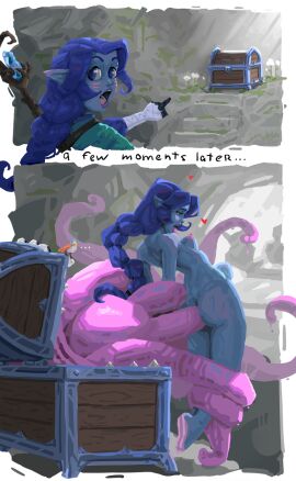 anal blue_skin clothing cyberlewds deep_anal depth_play dungeons_and_dragons elf elf_girl female humor magic_staff mimic mimic_chest pogchamp solo solo_female staff tentacle