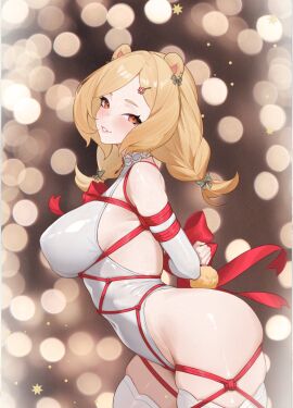 1girls amber_eyes arms_behind_back arms_tied_behind_back bare_back bare_hips bare_shoulders bare_thighs bear_ears bear_girl bear_tail big_breasts blonde_hair blush blushing_at_viewer bodysuit bokeh bondage breasts brown_eyes female female_only freya_kumamori freyaguma hair_ribbon hairclip indie_virtual_youtuber jewelry large_breasts light-skinned_female light_skin looking_at_viewer looking_over_shoulder necklace profile_view retro_♡_mantique ribbon ribbon_bondage rope rope_bondage sechipuu shibari shibari_over_clothes skintight smile smiling smiling_at_viewer solo stockings tied_arms tied_hair tied_up twintails virtual_youtuber vtuber white_clothing white_legwear