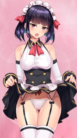 1girls bare_shoulders big_breasts black_hair black_skirt blush blush_lines blushing blushing_at_viewer boobs breasts camel_toe cameltoe erica_(project_qt) eyebrow_through_hair eyebrows_visible_through_hair female female_focus female_only light-skinned_female light_skin looking_at_viewer maid maid_headdress maid_outfit maid_uniform open_mouth panties pink_background project_qt pussy red_eyes shiny shiny_hair shiny_shoulders shiny_skin short_hair skirt skirt_lift skirt_up white_panties