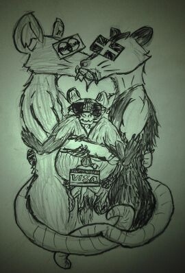 absurd_res american_opossum anonymous_artist anthro bodily_fluids censored chastity_cage chastity_device cum cum_drip cum_inside double_penetration dripping entwined_tails genital_fluids group group_sex hi_res kissing male male/male mammal marsupial murid murine penetration procyonid raccoon rat rodent saliva saliva_string sex tail tail_coil threesome trio