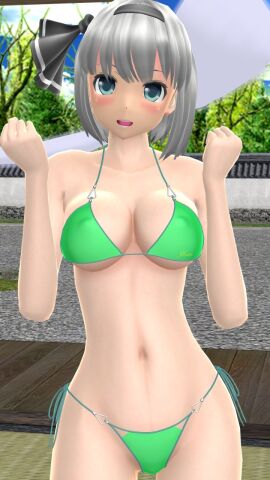 1girls 2023 3d arms_up belly_button bikini black_ribbon blue_eyes blue_sky blush breasts clavicle cleavage clouds female gesture green_bikini grey-haired_female hati_yukkuri_mmd headband hips human indoors jpeg light-skinned_female light_skin looking_at_viewer mmd open_mouth short-haired_female sky solo_female solo_focus spirit swimsuit touhou trees waist wisp youmu_konpaku