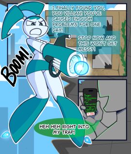 advertisement angry anon anonymous_male anonymous_man anthro black_eyes blue_hair bottomwear broken_building broken_glass broken_window building clothing comic comic_page dialogue electronics female flying glass glowhorn hair hero hi_res holding_object holding_phone humanoid jenny_wakeman laser machine male mlaatr my_life_as_a_teenage_robot navel nickelodeon open_mouth phone phone_screen ponytail robot robot_humanoid skirt sky smile solo talking_to_another threatening virus weapon window