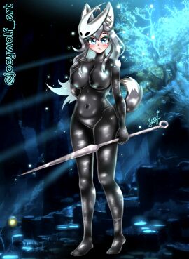 1girls big_breasts black_bodysuit blue_eyes bodysuit cosplay grey_fur grey_hair happy holding_weapon hollow_knight hollow_knight:_silksong hornet_(hollow_knight) hornet_(hollow_knight)_(cosplay) husky joey_wolf koda_(joey_wolf) light-skinned_female light_skin long_hair mask mask_on_head seductive_body seductive_look spear weapon white_skin wolf_ears wolf_girl wolf_tail