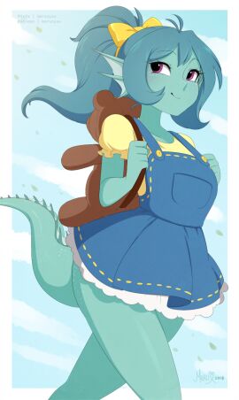 backpack_strap blue_body blue_hair dress fin_ears hairbow looking_up merfolk merunyaa ponytail sky smile tail teddy_bear without_panties