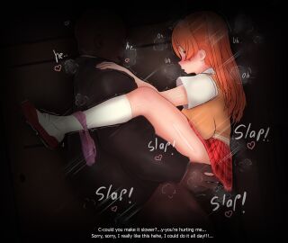 1boy 1girls 3d ass ass_grab breasts cheating cheating_girlfriend clothed_sex dark-skinned_male dark_skin dialogue english_text female flexing footwear heart hi_res high_resolution highres legs_up looking_at_another male motion_lines netorare ntr orange_eyes orange_hair original panties panties_around_one_leg penetration pink_panties pink_underwear pussy sakura_fujiwara_(vyrus_smith) sex shoes socks spread_legs student suspended_congress teacher teacher_and_student text trembling twintails underwear vaginal_penetration vyrus_smith white_socks