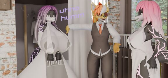 3d absurd_res anthro big_breasts black_nipples blender_(artwork) breasts canid canine canis clothing clothing_store cuff_(restraint) daughter_(lore) digital_media_(artwork) dress eyewear female female/female genevieve_(lunhaadviin) group haolde haolde_(character) hi_res huge_breasts mammal mask mother_(lore) mother_and_child_(lore) mother_and_daughter_(lore) nadege_(lunhaadviin) nipples open_mouth parent_(lore) parent_and_child_(lore) parent_and_daughter_(lore) reptile restraints sad scalie snake suit sunglasses trio wedding_dress wolf