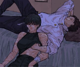 breasts female fully_clothed glasses groping groping_breasts jujutsu_kaisen scars_all_over yuta_okkotsu zenin_maki