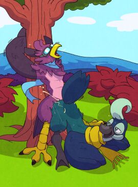 abs anal anal_sex anthro argon_vile ass ass_up athletic athletic_anthro athletic_male avian beak bedroom_eyes bird blue_body blue_eyes blue_feathers bodily_fluids bradshaw_(rivals_of_aether) bush_(disambiguation) claws cum cum_in_ass cum_inside duo eyewear feathers feet forest genital_fluids goggles hi_res jack-o'_pose looking_pleasured male male/male narrowed_eyes open_mouth orgasm outside outside_sex penetration pinned plant pose power_bottom purple_body purple_feathers rivals_of_aether scarf seductive sex smile talons toes tree wrastor