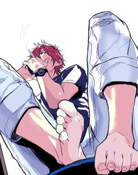 1boy barefoot btpb0912 cigarette ensemble_stars! feet feet_focus from_below jewelry male male_only phone piercing red_hair ring rinne_amagi simple_background sitting smoking solo watch white_background