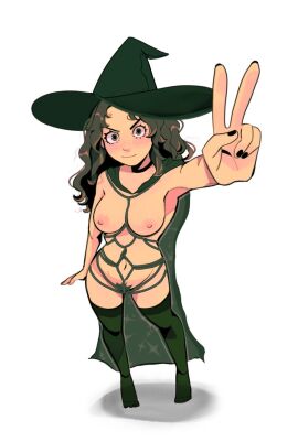 1girls bondage breasts brown_hair cape female female_only freckles hexia_(miaormoa) messy_hair miaormoa_(artist) original peace_sign pubic_hair pussy solo thighhighs witch_hat