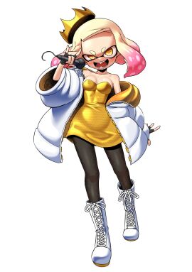 bangs bare_shoulders boots breasts clothed clothing crown devil_horns_(gesture) dress fangs female fingerless_gloves gold_dress inkling inkling_girl jacket kneehigh_boots light-skinned_female light_skin microphone multicolored_hair nintendo nobunagapero open_mouth oversized_clothes oversized_jacket pantyhose pearl_(side_order) pearl_(splatoon) petite pink_hair puffer_jacket shoes short_female short_hair small_breasts splatoon splatoon_3 splatoon_3:_side_order strapless strapless_dress white_hair yellow_eyes