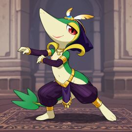 bedroom_eyes dancer dancing female feral generation_5_pokemon harem_outfit jewelry lipstick pokemon pokemon_(species) red_eyes seductive_look sex_slave slave snake_girl snivy