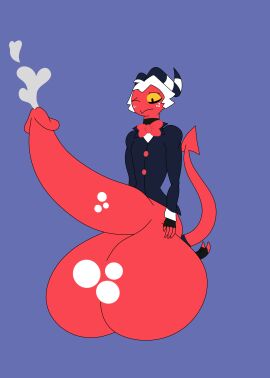 absurd_res anthro armwear balls big_balls big_penis bodily_fluids bow_tie clothed clothing cum cum_drip cumshot demon demon_humanoid dripping ejaculation embarrassed erection fingerless_gloves freckled_balls freckled_face freckled_penis freckles genital_fluids genitals gloves hair handwear helluva_boss hi_res horn huge_balls huge_cock humanoid hyper hyper_balls hyper_genitalia hyper_penis imp kneeling legwear looking_down male mandro22 messy moxxie_(helluva_boss) mythological_creature mythology neckwear penis red_body sitting_on_leg solo spade_tail stockings suit sweater tail toeless_legwear toeless_stockings topwear turtleneck white_hair