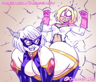 2024 2girls against_wall ass bbw big_ass big_breasts big_butt blonde_hair breasts chickpea cleavage d-girl digital_drawing_(artwork) expressive_mask eyemask fat_ass female femdom hairband heroine huge_ass huge_butt looking_at_partner looking_back looking_back_at_partner looking_over_shoulder masked_female massive_ass miss_x_(chickpea) original original_character original_characters rape_face red_eyes short_hair slammed_against_wall_by_ass smile superhero superhero_costume superheroine supervillain supervillainess villain villainess white_hair