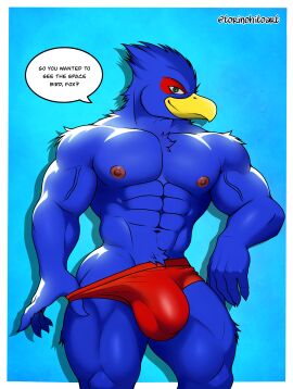 abs absurd_res anthro avian beak biceps bird blue_body blue_feathers bulge clothing clothing_pull detailed_bulge falco_lombardi feathers front_view green_eyes hi_res looking_at_viewer male muscular muscular_anthro muscular_male nintendo nipples pecs simple_background smile solo speech_bubble star_fox text thick_thighs torinohito underwear underwear_pull vein veiny_arms