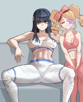 2girls couch crop_top eye_patch eyepatch female female_only harime_nui kill_la_kill kiryuuin_satsuki legs_apart manspreading sitting soldat sports_bra spread_legs yoga_pants