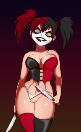 1girls 2022 abs athletic athletic_female batman_(series) big_breasts biting_lip biting_own_lip black_eyes black_hair black_lipstick breasts bunbunmuffinart corset dc dc_comics dcuaom female female_only fit fit_female flashing_pussy harleen_quinzel harlequin harley_quinn harley_quinn_(gods_and_monsters) hourglass_figure human justice_league:_gods_and_monsters knife knives light-skinned_female light_skin lip_biting looking_at_viewer makeup oddrich panties panties_aside pigtails pussy red_and_black red_and_black_hair red_hair shaved_pussy solo solo_female thick_thighs thighhighs twintails two-tone_hair vagina white_facepaint white_panties wide_hips