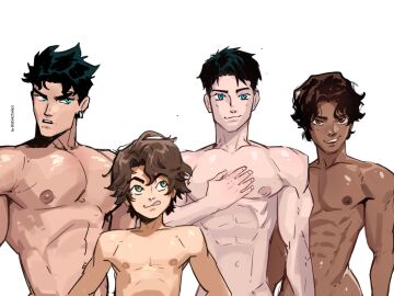 4boys absurdres artist_name bart_allen bishounen black_hair blue_eyes brown_hair commentary conner_kent dark-skinned_male dark_skin dc dc_comics earrings english_commentary gay gay_male highres jaime_reyes jewelry kon-el licking_lips male male_only multiple_boys multiple_males red_robin sevaztian single_earring superboy superboy_(conner_kent) teeth tim_drake tongue tongue_out topless_male western_comics_(style) white_background yaoi young_justice