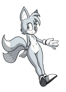 anthro breasts canid canine clothing female footwear footwear_only fours_(artist) fox genitals gloves greyscale handwear hi_res line_art mammal monochrome mostly_nude naked_footwear pussy rule_63 sega shoes shoes_only small_breasts solo sonic_(series) sonic_the_hedgehog_(series) tails tails_the_fox tailsko wide_hips