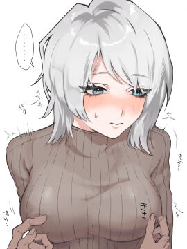 artist_request blue_eyes erect_nipples erect_nipples_under_clothes faust_(limbus_company) female female_focus frown frowning limbus_company nipple_play nipple_tweak nipples not_looking_at_the_viewer project_moon sweater white_hair