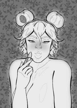 1girls background big_breasts black_and_white blush breasts breasts_out curvaceous curves curvy curvy_body curvy_female curvy_figure digital_drawing_(artwork) digital_media_(artwork) dreamsolvent eyebrows eyelashes eyes female female_focus female_only getting_dressed girly hair hair_bun hair_buns heavy_breasts line_art lips lipstick looking_at_viewer makeup milf nails nose nude nude_female original_character pomegranate putting_on_lipstick short_hair shoulders sketch soft_breasts