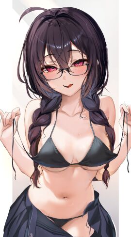 :q absurdres ahoge artist_request bikini bikini_under_clothes black-framed_eyewear black_bikini black_hair blue_skirt blush braid breasts character_request collarbone commentary_request cowboy_shot crossed_bangs female glasses hair_between_eyes hair_over_shoulder highres large_breasts long_hair looking_at_viewer low_twin_braids megane-chan_(yufou) mole mole_on_chest navel open_clothes open_skirt original outside_border parted_lips pillarboxed pink_eyes pleated_skirt side-tie_bikini_bottom skirt solo standing stomach string_bikini sweat swimsuit tongue tongue_out twin_braids underboob undressing untied_bikini untied_bikini_top yufou