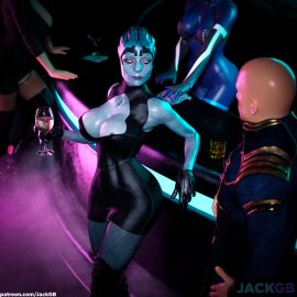 1boy 1girls 3d alcohol alien alien_girl artist_name asari big_breasts black_dress blue_skin boots breasts cleavage clothed covered_nipples daz3d daz_studio dress drinking drinks faceless_male female fishnets gloves grey_eyes headwear high_heel_boots hips human indoors jackgb latex latex_legwear lips male mass_effect mass_effect_2 military_uniform minidress nightclub no_sex pantyhose patreon_username public samara seducing seductive seductive_look seductive_smile shiny_skin smile standing tagme thigh_boots thighs uniform wine_glass