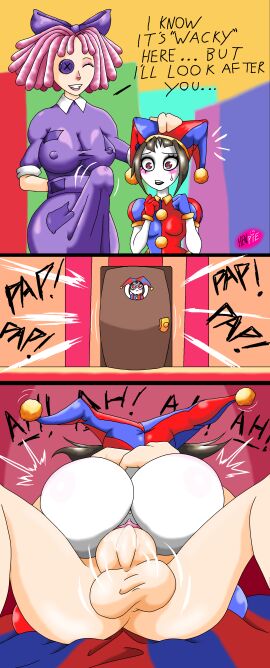 arms_around_waist balls big_balls big_breasts big_dom big_dom_small_sub big_penis black_lipstick blue_background blush blushing blushing_female bow breasts brown_hair bulge_through_clothing bulging_penis button_eyes closed_door clown clown_costume clown_girl clown_hat clown_makeup cock_bulge cowgirl_position doll eyeshadow fat_balls fat_breasts fat_cock fat_dick fat_penis female futa_on_female futanari gloves green_background hair_bow hair_ornament hand_behind_back hand_on_head hat henpie huge_balls huge_breasts huge_cock huge_penis intersex jester_hat jester_outfit larger_female multicolored_eyes nervous nervous_expression nervous_face nervous_sweat patched_clothing penis pink_background pink_hair pomni pomni_(the_amazing_digital_circus) pussy ragatha ragatha_(the_amazing_digital_circus) ragdoll red_and_blue red_background shocked shocked_expression shortstack small_boobs small_breasts small_sub small_sub_big_dom small_sub_large_dom small_tits smaller_female smile sound_effect striped_bedding stripped_clothes text the_amazing_digital_circus vagina vaginal_insertion vaginal_sex visible_bulge yellow_background