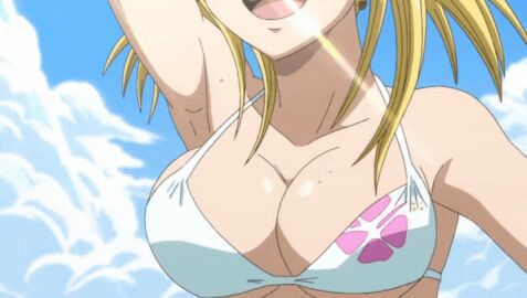 1girls 2d animated animated_gif anime_screencap armpits bikini bikini_top blonde-haired_female blonde_female blonde_hair bouncing_breasts breasts ecchi fairy_tail fanservice fat_breasts female gif jiggling_breasts large_breasts lucy_heartfilia official_art screencap screenshot sexy smile