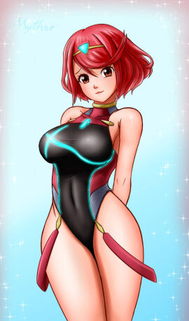 1girls arms_behind_back big_breasts black_one-piece_swimsuit black_swimsuit breasts competition_swimsuit core_crystal female large_breasts looking_at_viewer mythro nintendo one-piece_swimsuit pyra red_eyes red_hair short_hair swimsuit tiara xenoblade_(series) xenoblade_chronicles_2