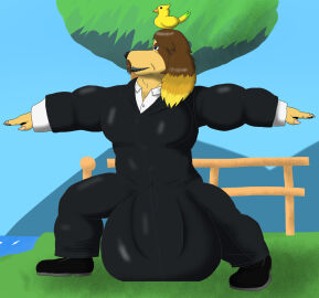 alythewolfcat animal_crossing anthro big_bulge bird_dog bird_on_head black_tie_(suit) bulge canid canine canis clothing detailed_bulge domestic_dog genital_outline harvey_(animal_crossing) hi_res huge_bulge hunting_dog hyper hyper_bulge male mammal muscular muscular_male nintendo penis penis_outline seaside solo solo_male spaniel suit yoga