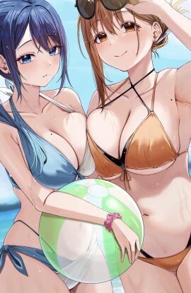 2girls asymmetrical_docking ball_(object) beachball big_breasts bikini blue_bikini blue_eyes blue_hair blue_sky blush breast_press breasts brown_eyes brown_hair cleavage closed_mouth earrings eyewear_on_head female hi_res holding holding_ball jewelry kouhai-chan_(udon) looking_at_viewer multiple_females multiple_girls navel official_art ol-chan_(udon) orange_bikini original parted_lips scrunchie sky smile stomach strap_gap swimsuit udon_(udonalium) wet wrist_scrunchie