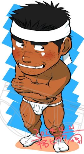 1boy 2024 black_hair bulge chibi dated fundoshi hachimaki male male_only original signature solo tabi_socks tagme taku_hiraku thick_eyebrows white_fundoshi
