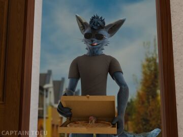 anatomically_correct anatomically_correct_genitalia anthro black_clothing black_shirt black_topwear blender_(artwork) blue_body blue_fur blue_hair canid canine captain_tofu clothing container delivery_(commerce) delivery_employee digital_media_(artwork) doorstep eyewear food food_on_penis fox fur genitals hair hi_res knot male mammal neighborhood outside penis pizza pizza_box rexouium shirt smug solo sunglasses tongue tongue_out topwear