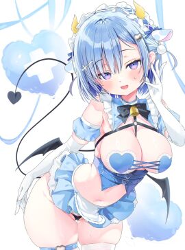 bangs big_breasts blue_eyes blue_hair breasts cow_ears cow_horns female gloves gradient_eyes large_breasts long_gloves maid maid_bikini medium_hair neoteny nikuya_(nikuniku_nikuya) panties succubus_tail succubus_wings thighs white_gloves