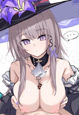 ... acht_ao ascot bar_censor bare_shoulders black_hat breasts breasts_squeezed_together brown_hair censored commentary_request detached_sleeves female flower hat hat_flower herta_(honkai:_star_rail) highres honkai:_star_rail honkai_(series) large_breasts long_hair looking_at_viewer male nipples paizuri penis pov pov_crotch purple_eyes purple_flower purple_hat purple_nails purple_ribbon revision ribbon sweat the_herta_(honkai:_star_rail) white_ascot white_background witch_hat