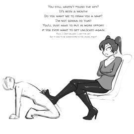 1boy 1girls arms_crossed_under_breasts black_and_white boot_fetish bootjob boots breasts cage caged_cock celera_prime chastity_cage couple dominant_female dominatrix dry_humping english english_text female femdom femdom_caption foot_fetish footjob footwear funny grinding high_heel_boots high_heels long_term_chastity male meme monochrome orgasm_control orgasm_denial original original_character original_characters penis ponytail ponytails shoe_fetish shoejob shoes submissive_male tease teasing trembling