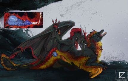 anal anal_sex artist_logo belly_scales black_body black_fur blue_knot blue_penis dinosaur dragon dromaeosaurid duo erection feral fur genitals hi_res internal internal_anal knot logo male male/male mythological_creature mythological_scalie mythology orange_body orange_fur orange_penis pawpads penetration penis red_body red_pawpads red_scales reptile scales scalie signature teeth theropod velociraptor yellow_body yellow_fur zweikopfeinhorn