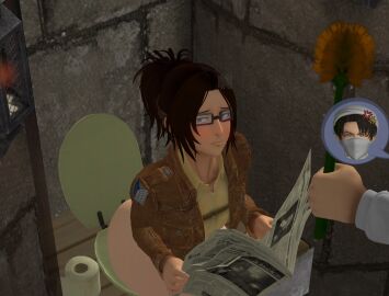 1girls ass attack_on_titan big_ass big_butt brown_hair female glasses hanji_zoe levi_ackerman looking_at_viewer science2311 shingeki_no_kyojin toilet toilet_use