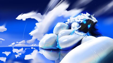 anthro biceps big_breasts blue_eyes bovid breasts caprine digital_media_(artwork) female fur hair hi_res humanoid kindred lamb_(league_of_legends) league_of_legends looking_at_viewer lying mammal mask muscular muscular_female nipples nude on_side perspective_shot reflection riot_games sea sheep sky skyscape solo thick_thighs water wet white_body white_fur
