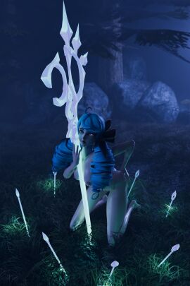 3d areolae ass bahamut0 blender blue_hair breasts eye_markings forest glowing grass gwen_(league_of_legends) hair_ornament hand_on_ass kneeling league_of_legends looking_at_viewer moonlight needle night nude object_between_breasts open_mouth petite pose scissors smaller_female twin_drills